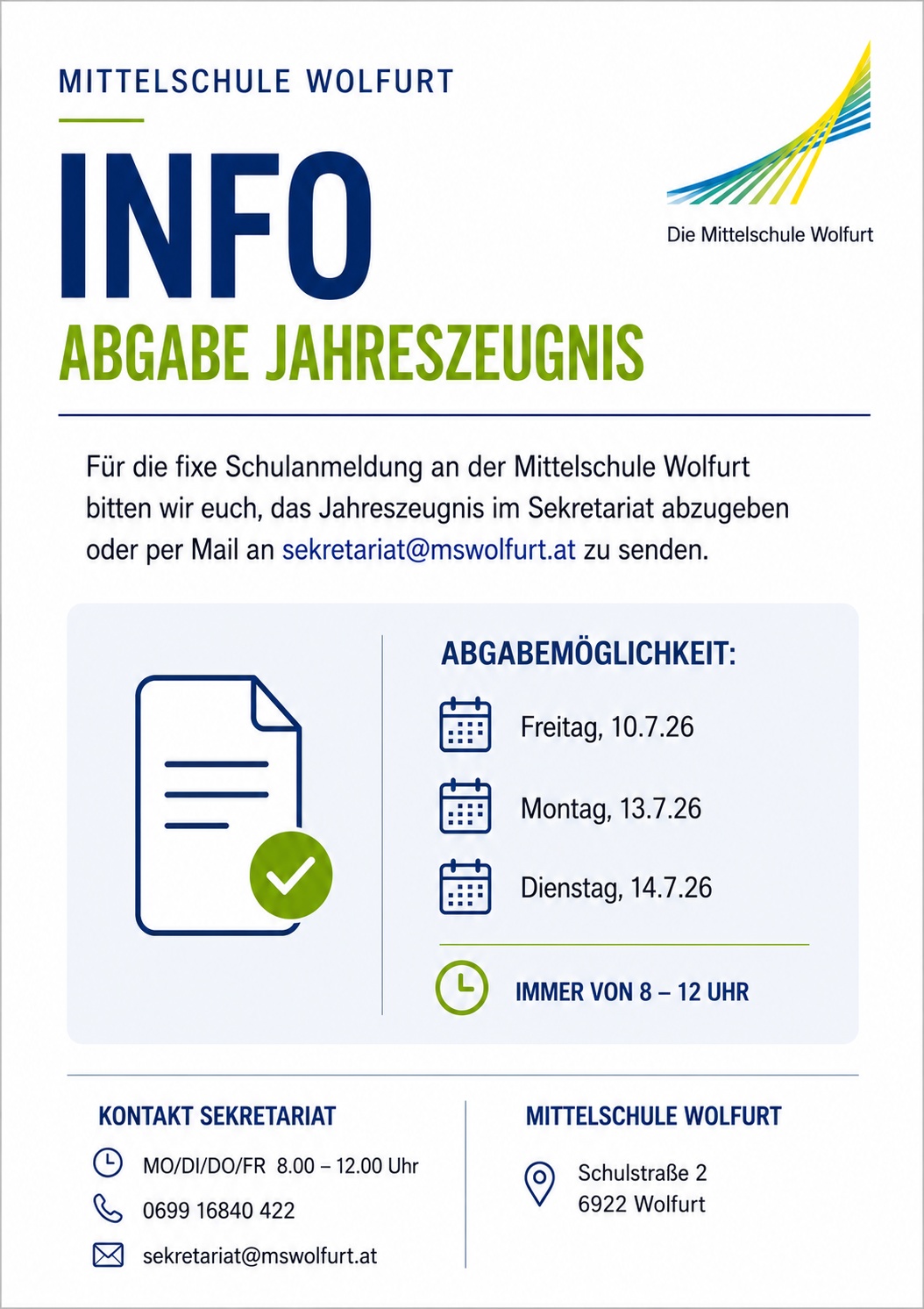 Schulanmeldung 2026/27 – Abgabe des Jahreszeugnisses